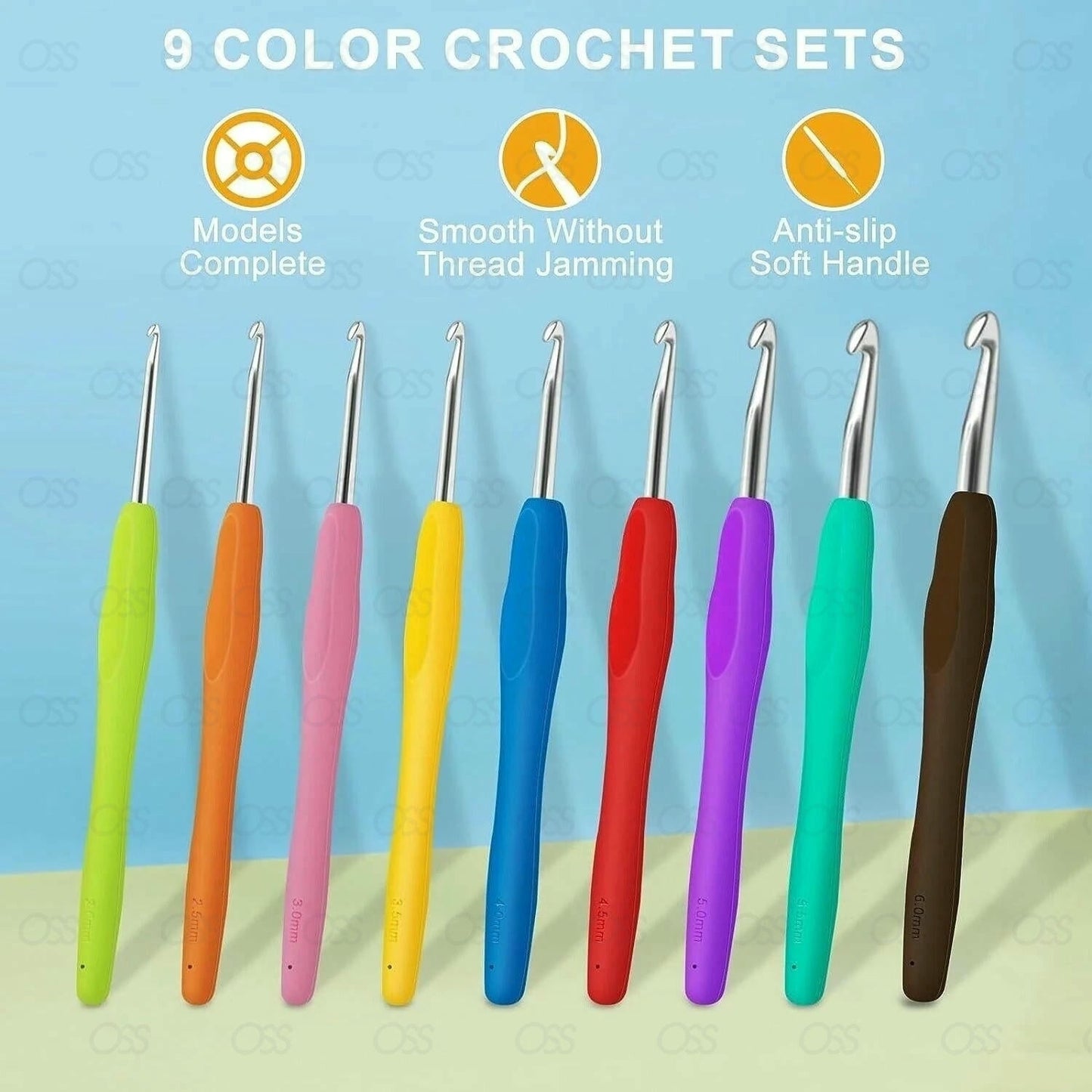 Crochet Hooks Set Soft Grip Handles Knitting Needles Multi Colour Aluminium 9Pcs