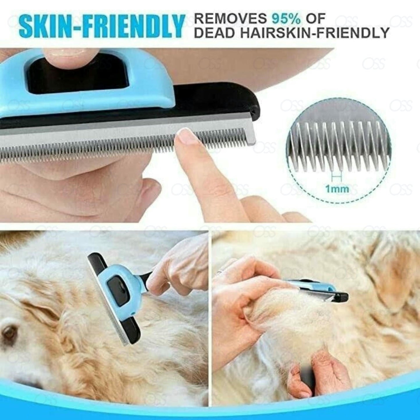Pet grooming tool with text indicating skin-friendliness and hair removal capabilities.