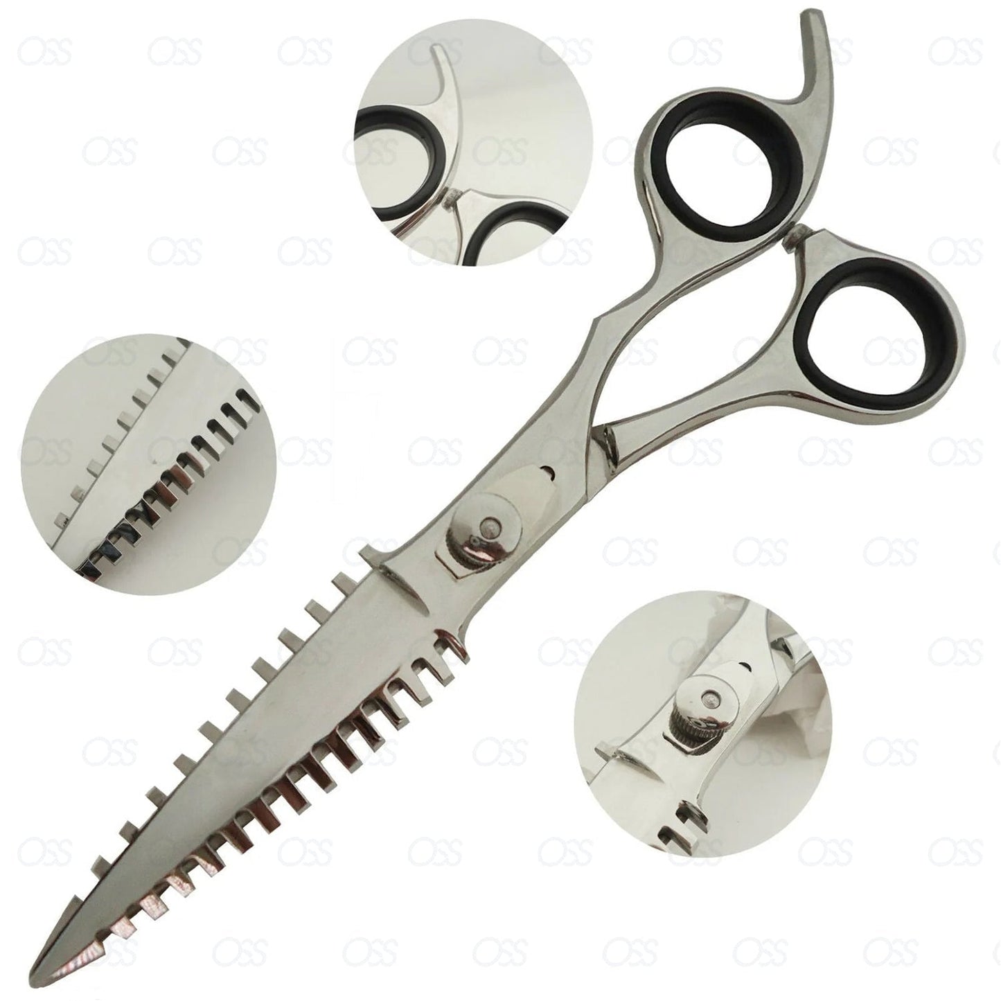 Pet grooming shears with close-up details on a white background