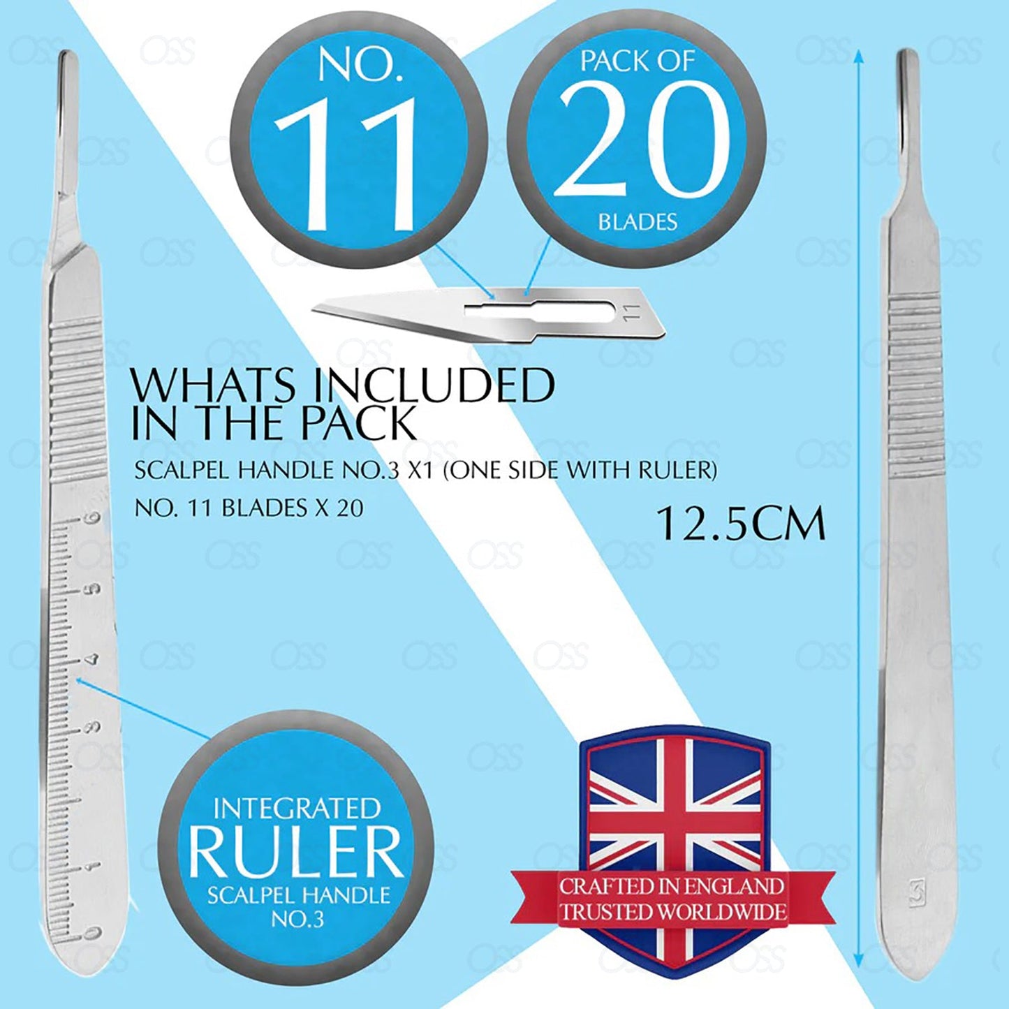 Instruments England Scalpel Handle No.3 Stainless Steel with 0–6cm Ruler + 20x No.11 Blades – Surgical & Craft Precision Knife Set