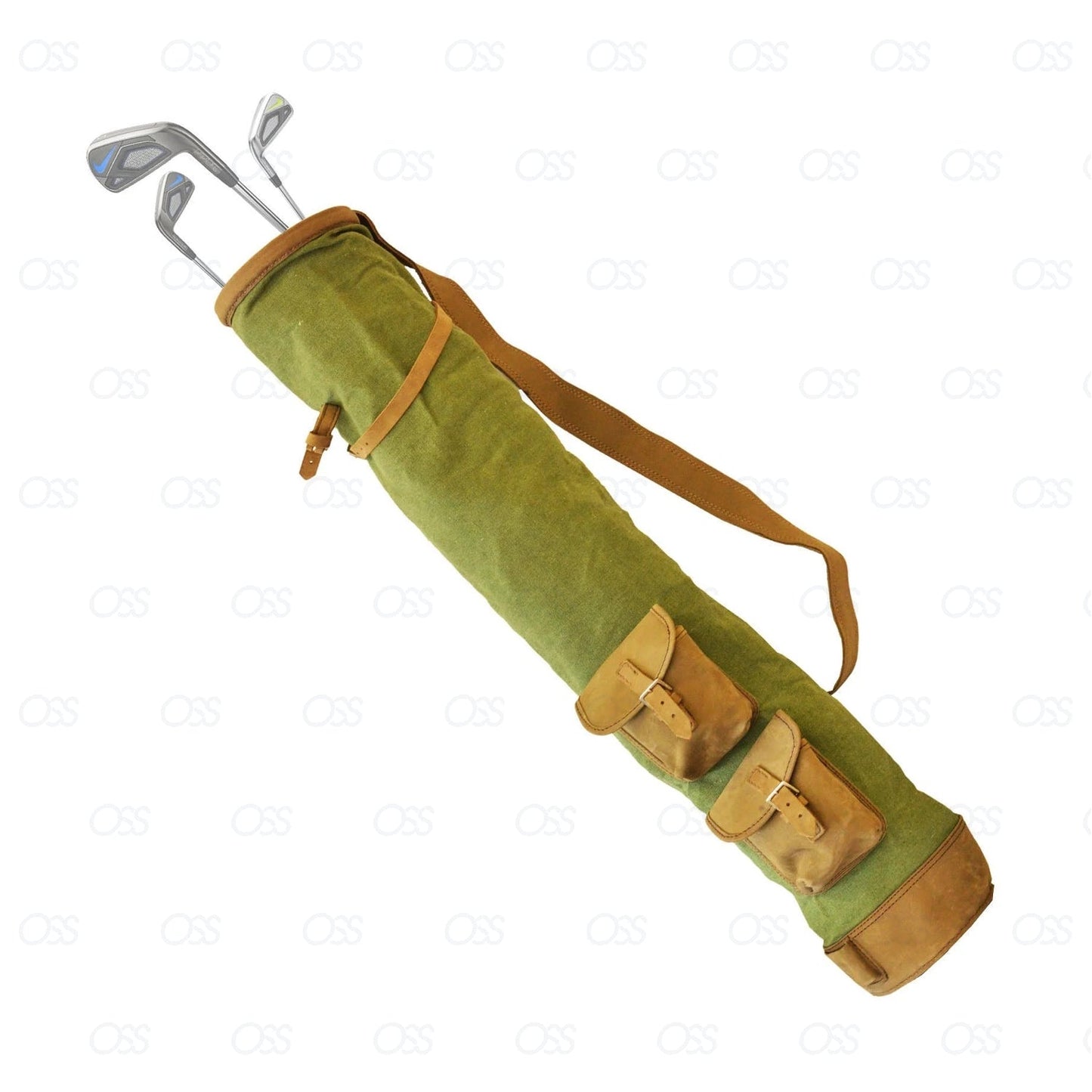 Tan Cowhide Leather Canvas Golf Club Ball Bag Two Pockets H-34inch D-5.5inch NEW