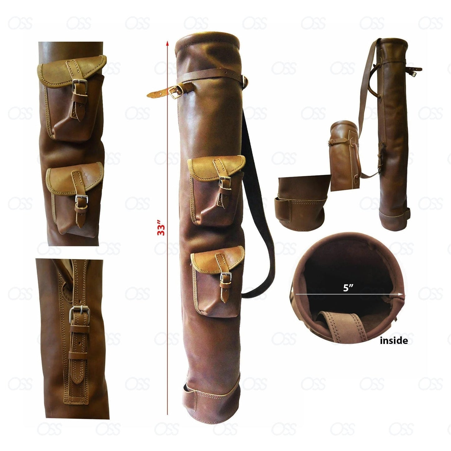 Tan Cowhide Leather Golf Club Ball Bag Two Pockets H-34 inch D-5.5inch NEW