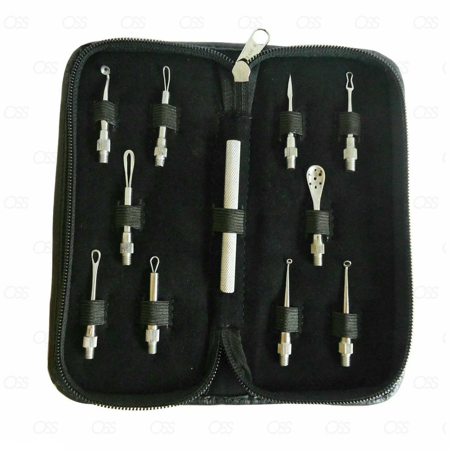 Set of fishing accessories in a black case on a white background