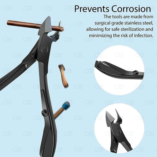 Surgical grade stainless steel pliers with text on a blue background