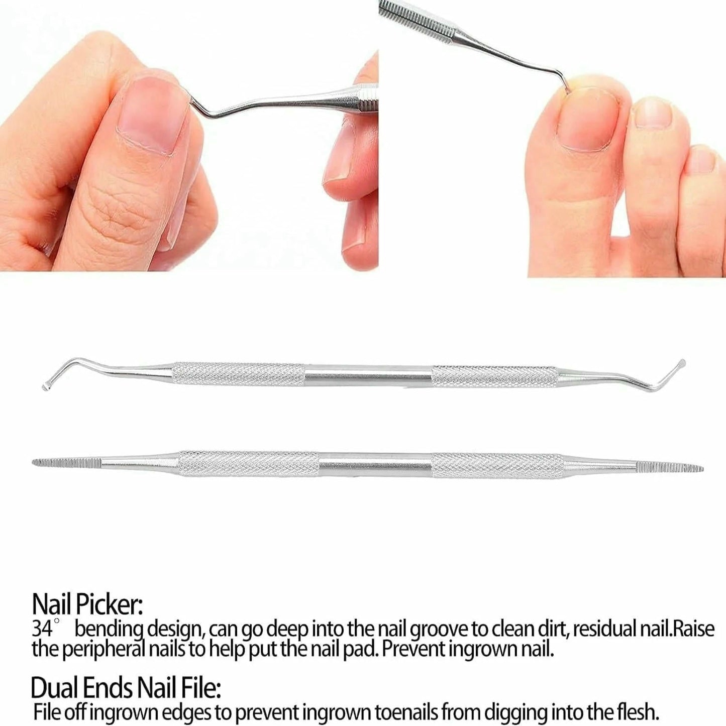 2pcs Toenail Cleaner Tools, Ingrown Toenail Tools, Stainless Steel Nail Picker Dual Ends Nail File, Toenail Cleaner Tools, Professional Safe Nail Treatment Pedicure Tool Kit