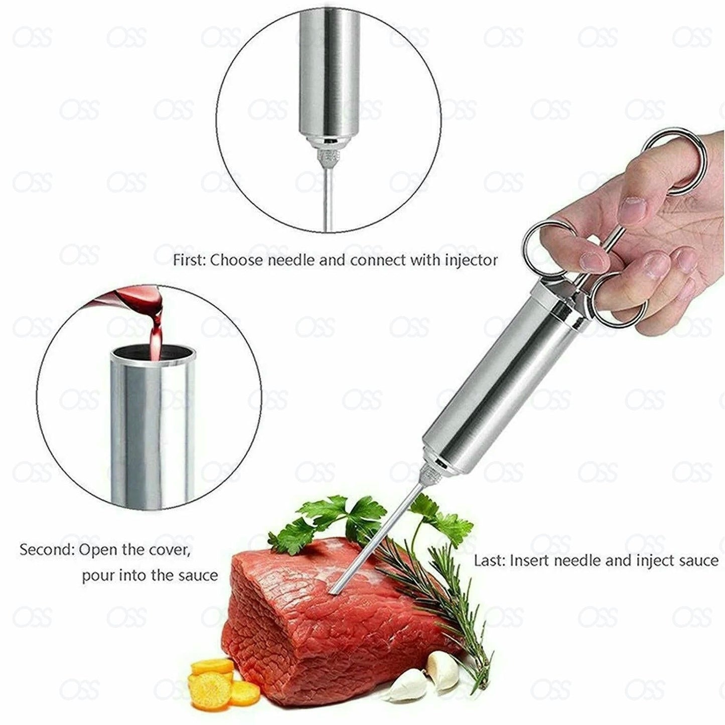 304 Stainless Steel Seasoning Meat Injector Kit Large Barrel 3 Needle Cook