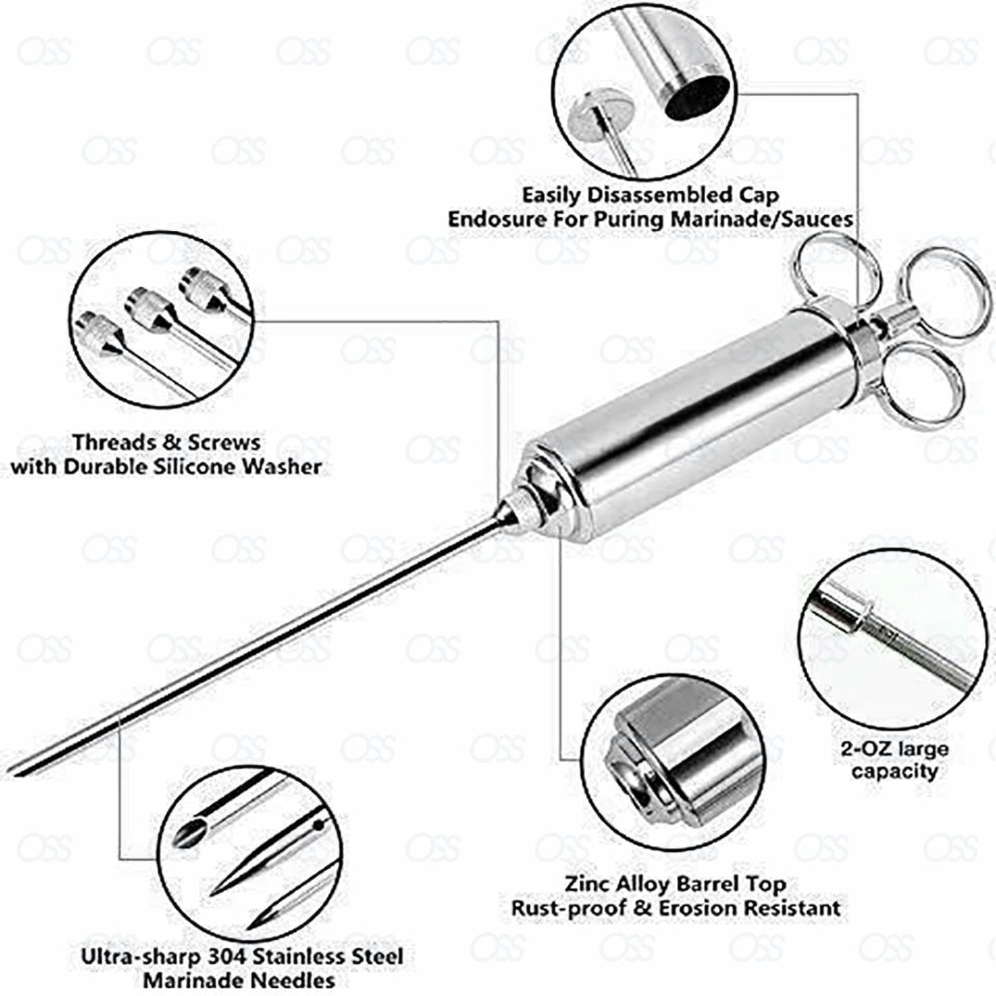 304 Stainless Steel Seasoning Meat Injector Kit Large Barrel 3 Needle Cook