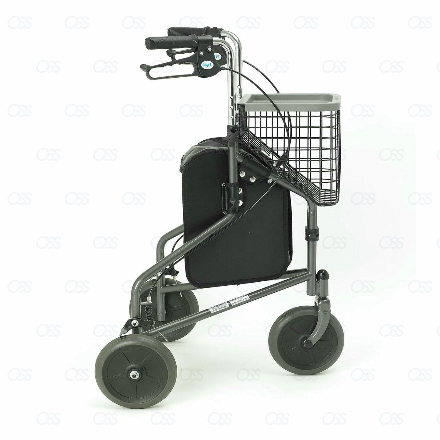 3 Wheel Rollator Walking Aid with Basket & Tray Cable Brakes