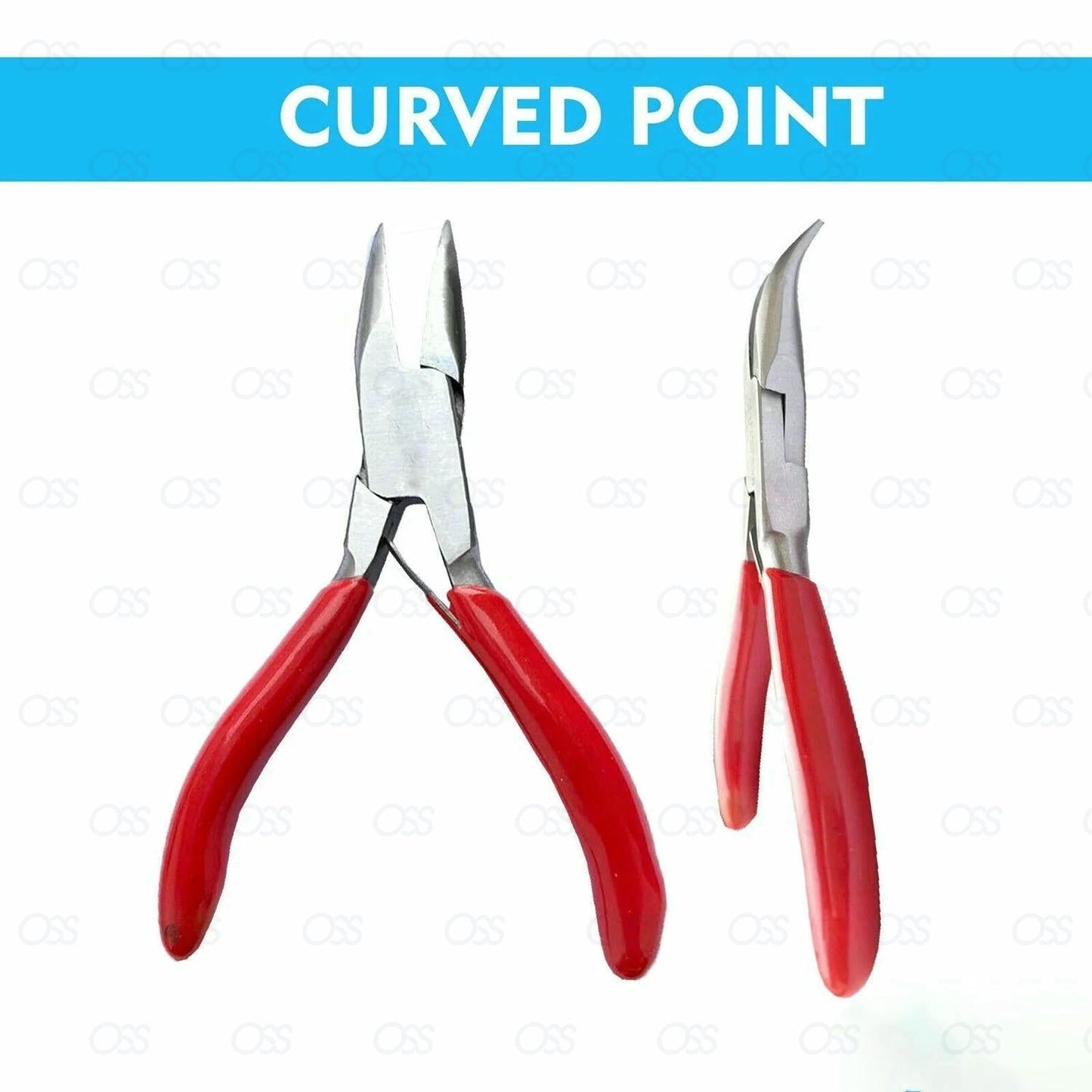 Pair of pliers with red handles on a white background, labeled 'Curved Point'.