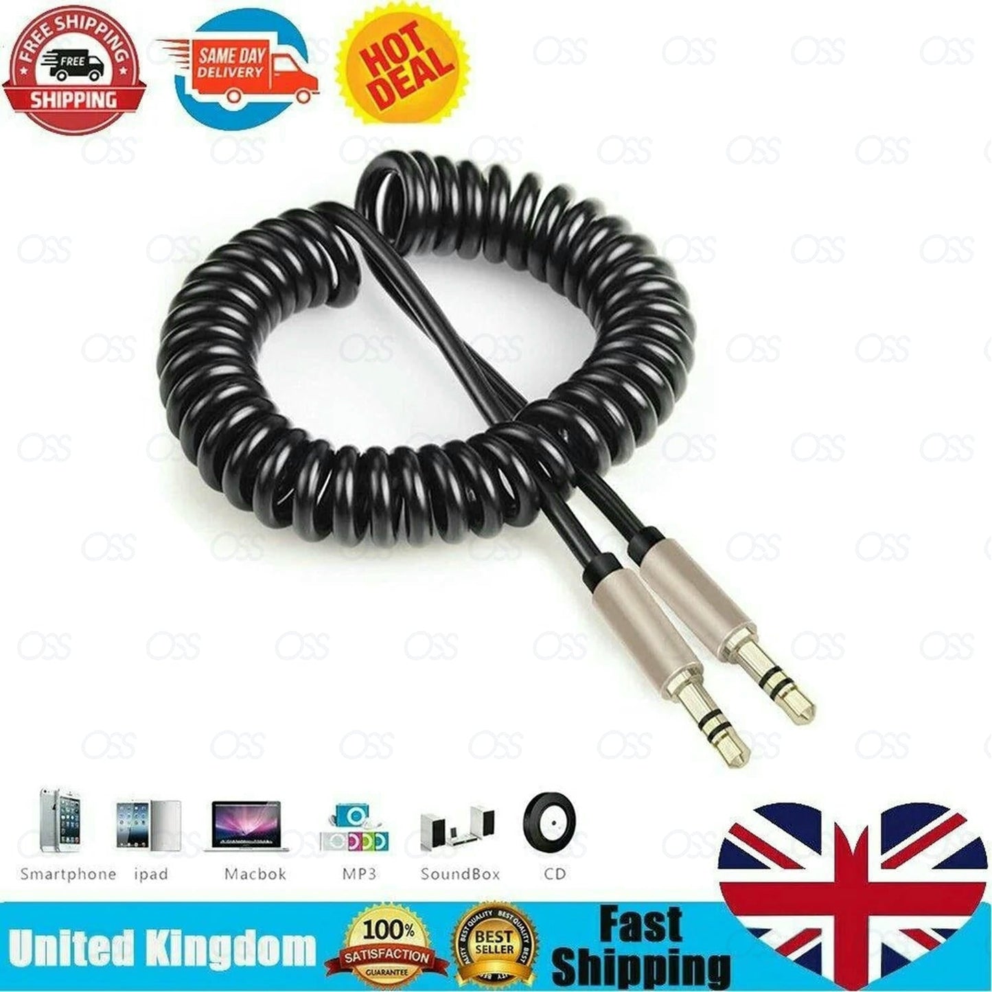 AUX CABLE Stereo Jack Coiled 3.5mm Lead Male Audio Gold Plated 1 Meter