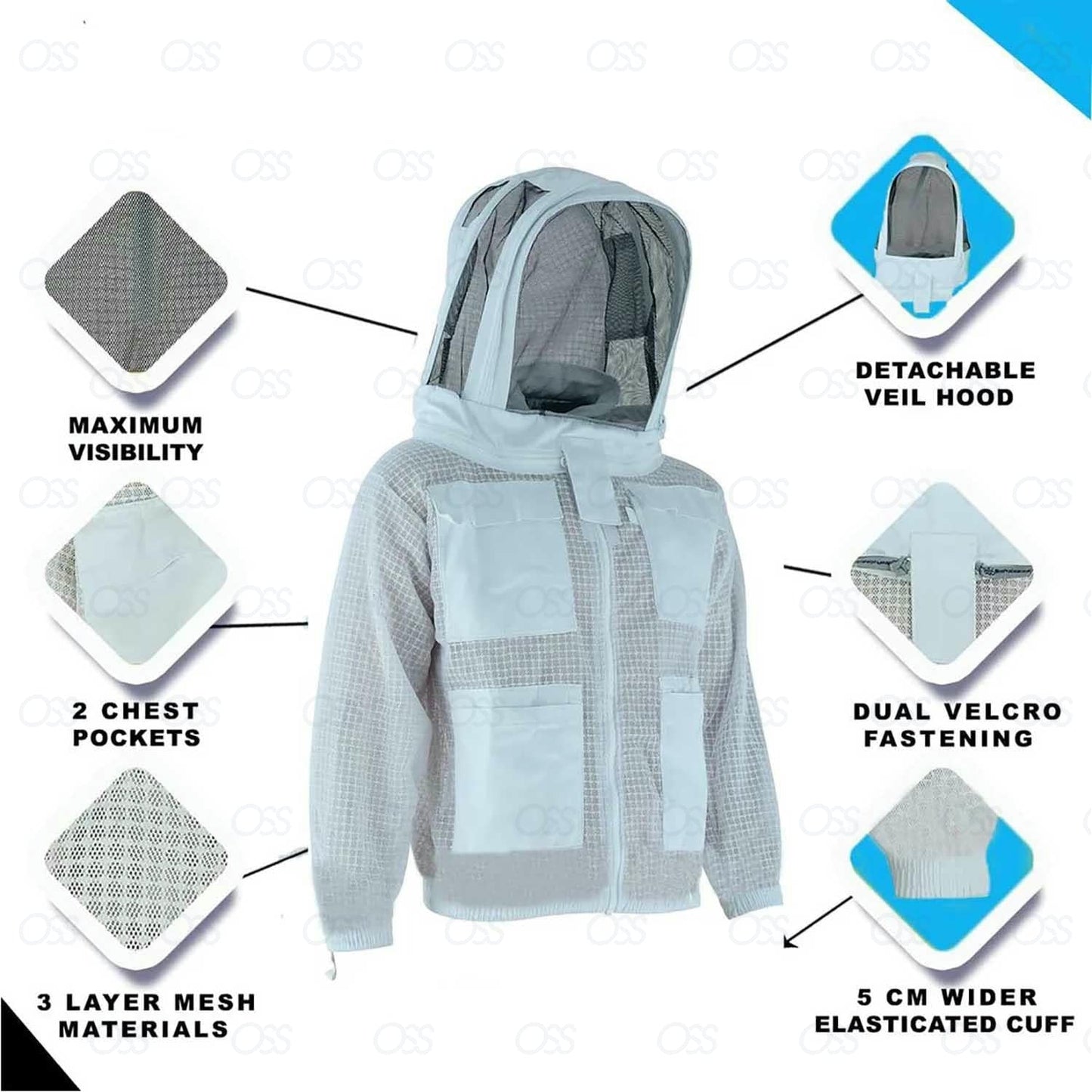 BEEKEEPING Three Layer Ultra Ventilated Beekeeping Jacket for Men and Women with Fencing Veil, Professional Sting Proof Beekeeper Hoodie, Premium White Fabric Polycotton Bee Jacket (Medium)