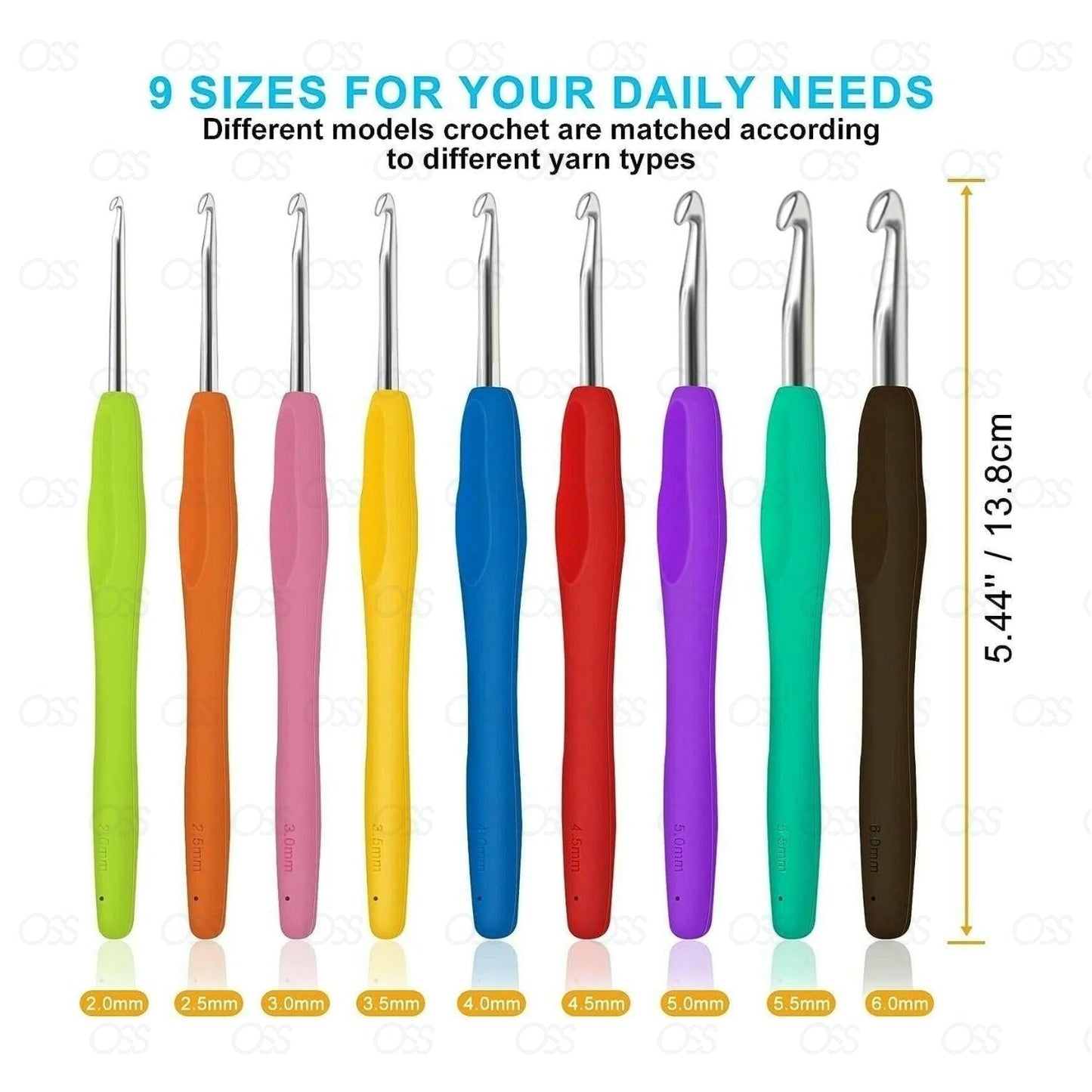 Crochet Hooks Set Soft Grip Handles Knitting Needles Multi Colour Aluminium 9Pcs