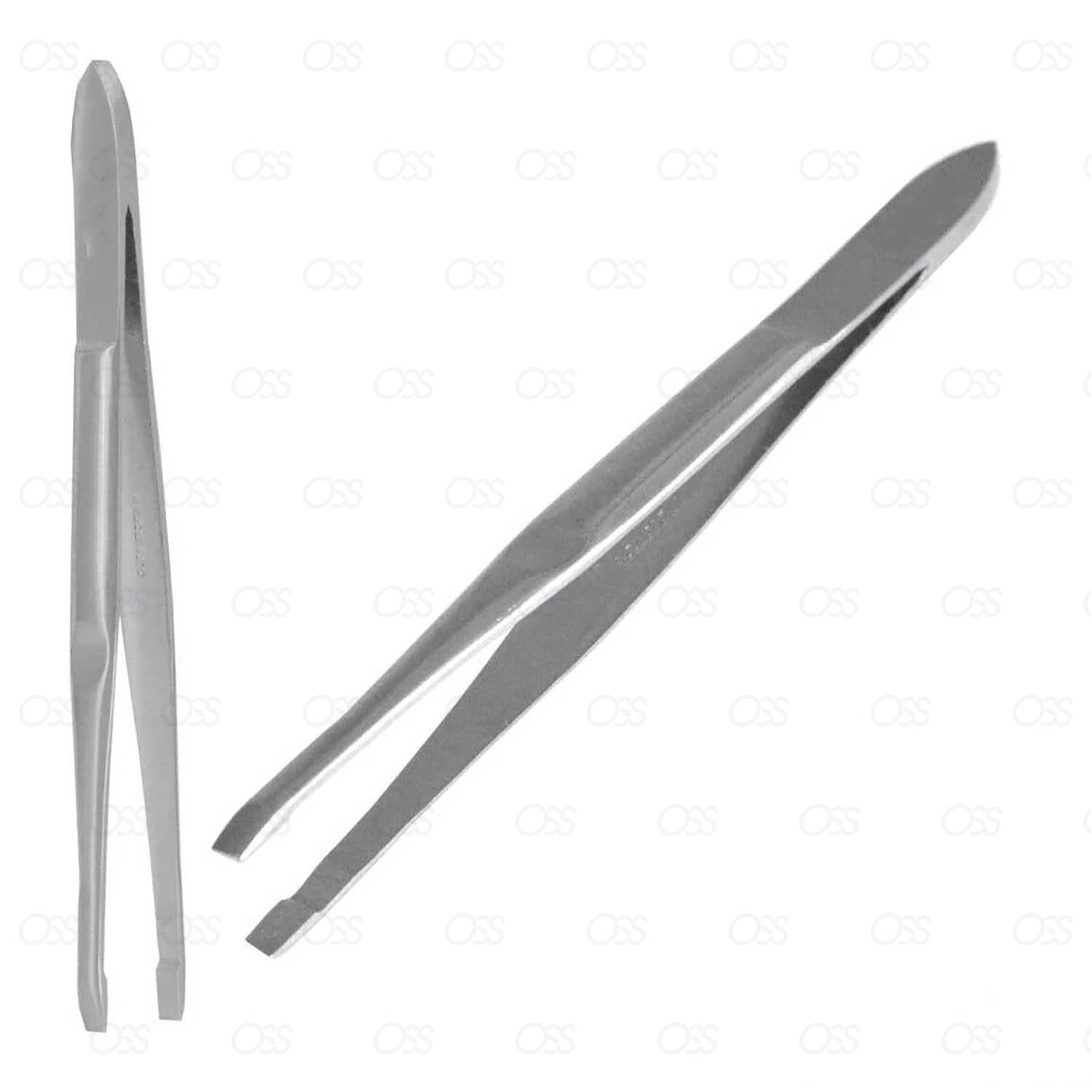 Pair of silver tweezers on a white background