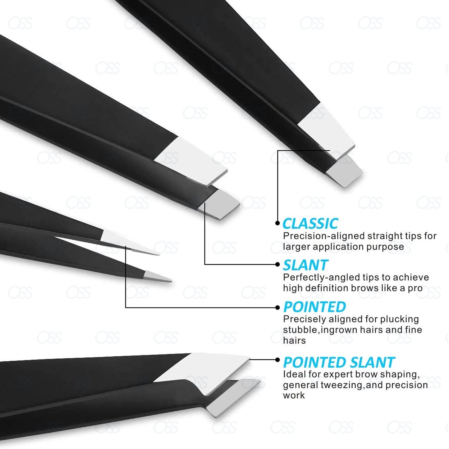 German Eyebrow Tweezers Hair Remover Tweezers Slanted Straight Pointy Set of 4