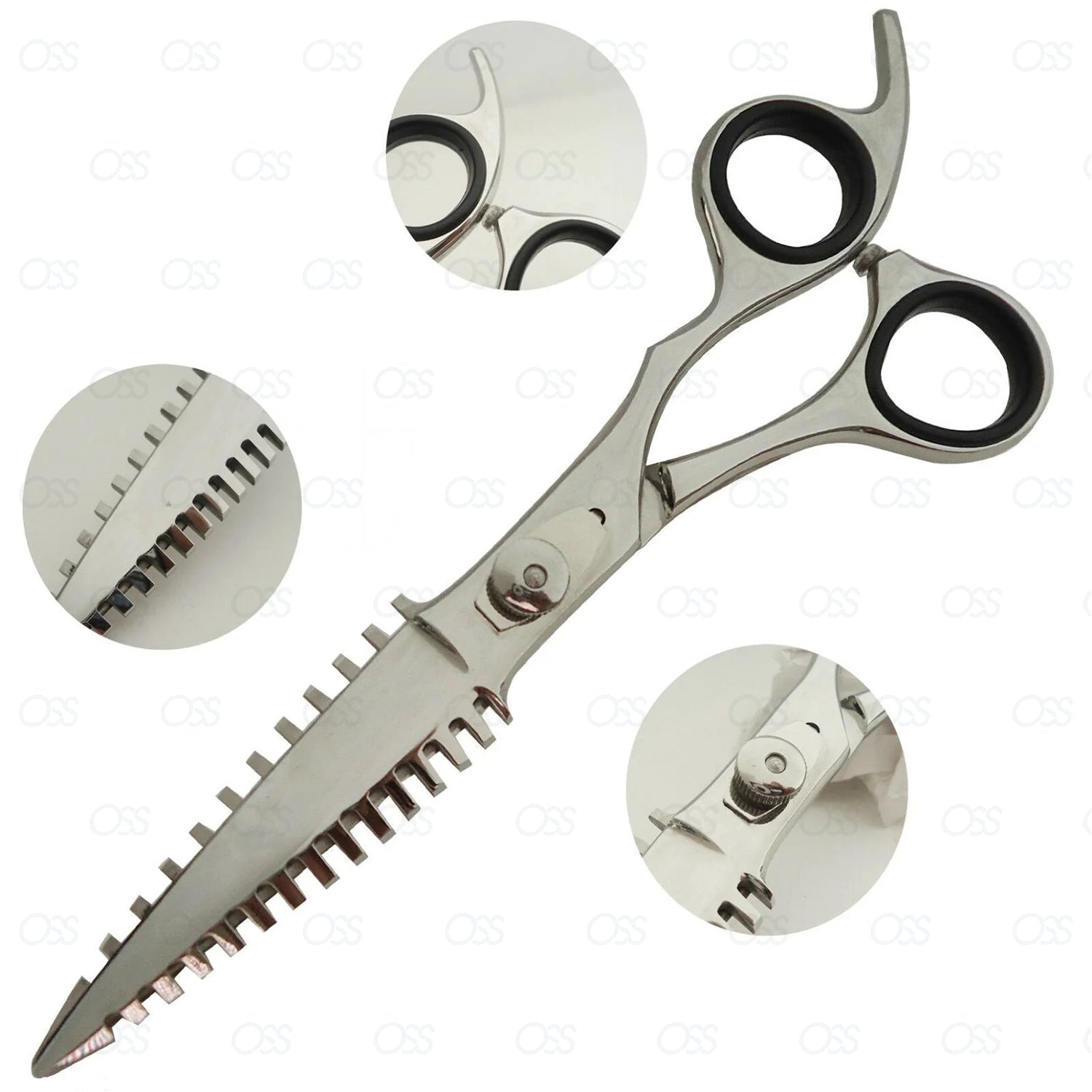 Pet grooming shears with close-up details on a white background