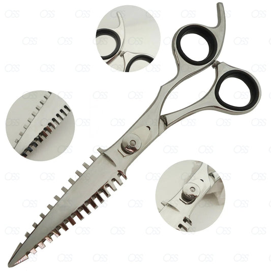 Pet grooming shears with close-up details on a white background
