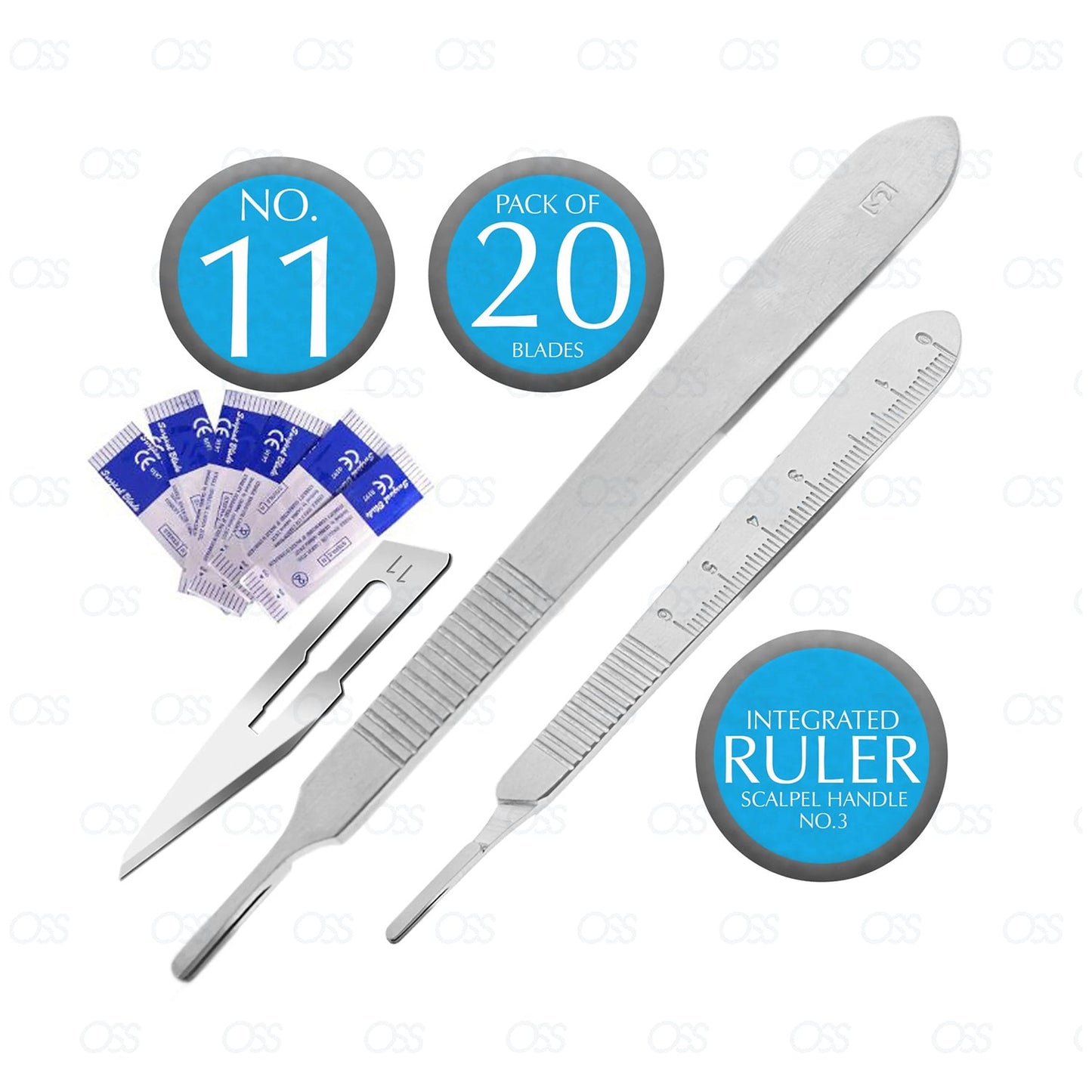 Instruments England Scalpel Handle No.3 Stainless Steel with 0–6cm Ruler + 20x No.11 Blades – Surgical & Craft Precision Knife Set