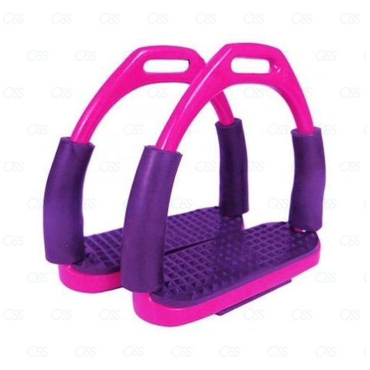 NEW Pink & Purple FLEXI SAFETY BENDY STIRRUPS IRONS STAINLESS STEEL HORSE RIDING