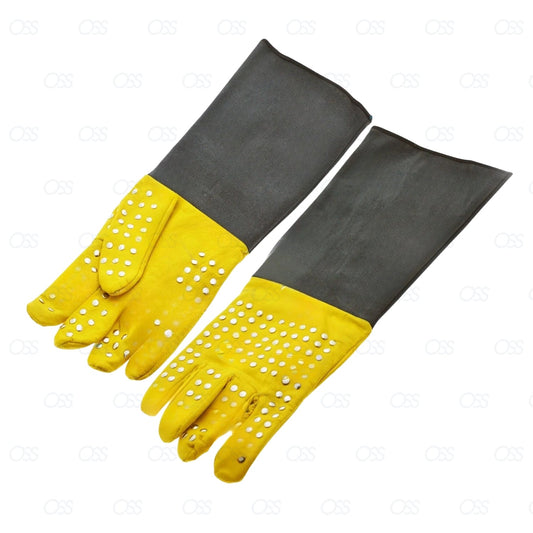 Snake Catcher Gloves Yellow Black With Studs Heavy Duty Reptile Lizards Leather Gloves 17"