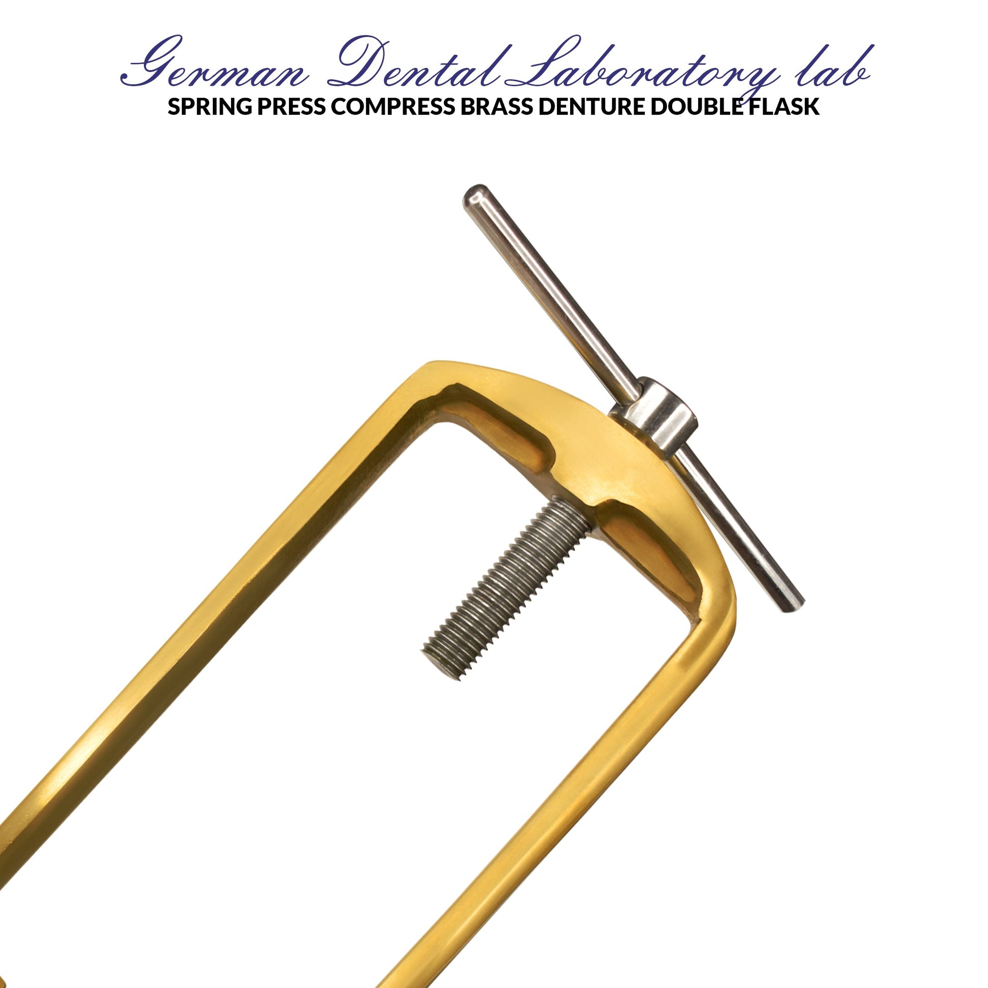 Gold and silver dental tool with text 'German Dental Laboratory lab' brass dental laboratory clamp press denture hold 3 flask compressor used for denture molding and dental lab processing