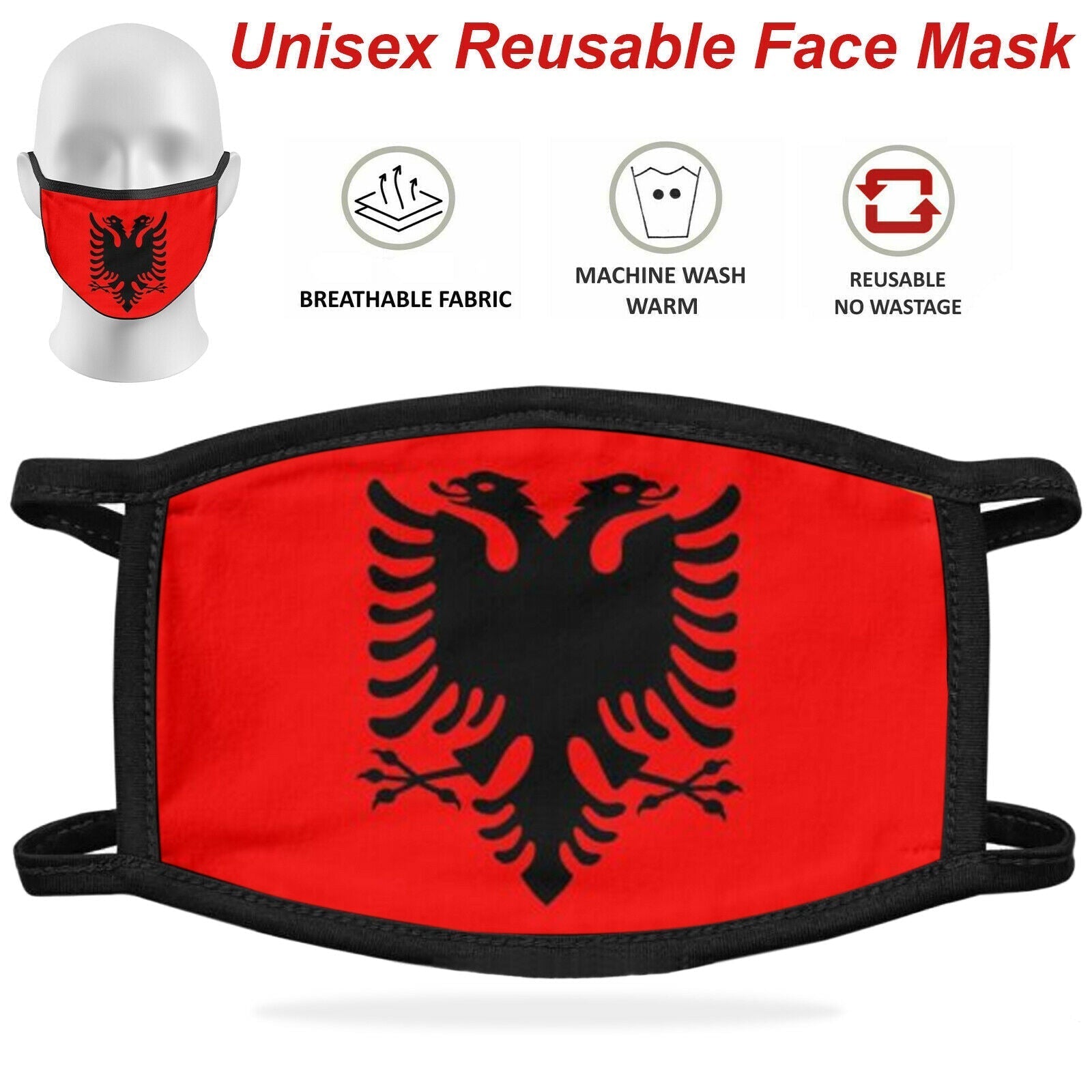 Red face mask with black eagle design on a white background, featuring text about mask properties and OSS branding.