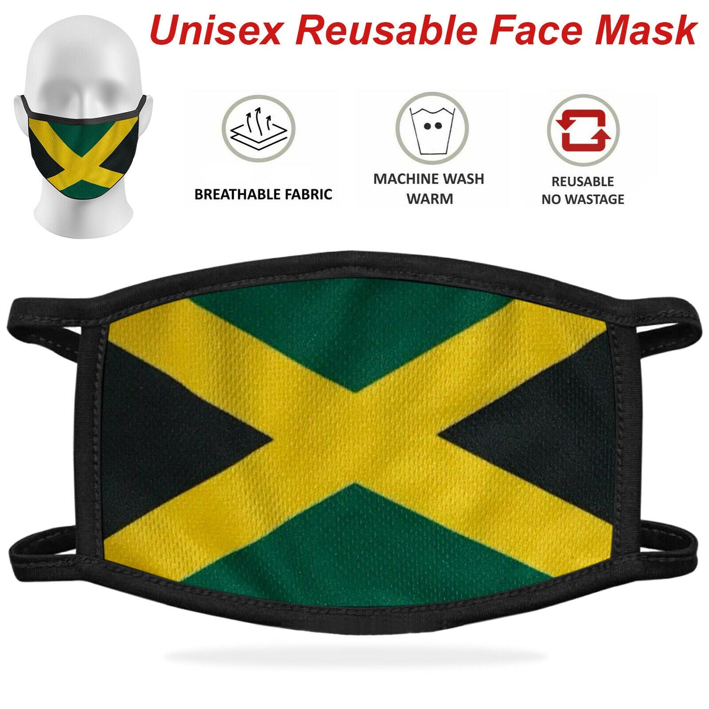 Reusable face mask with Jamaican flag design on a white background