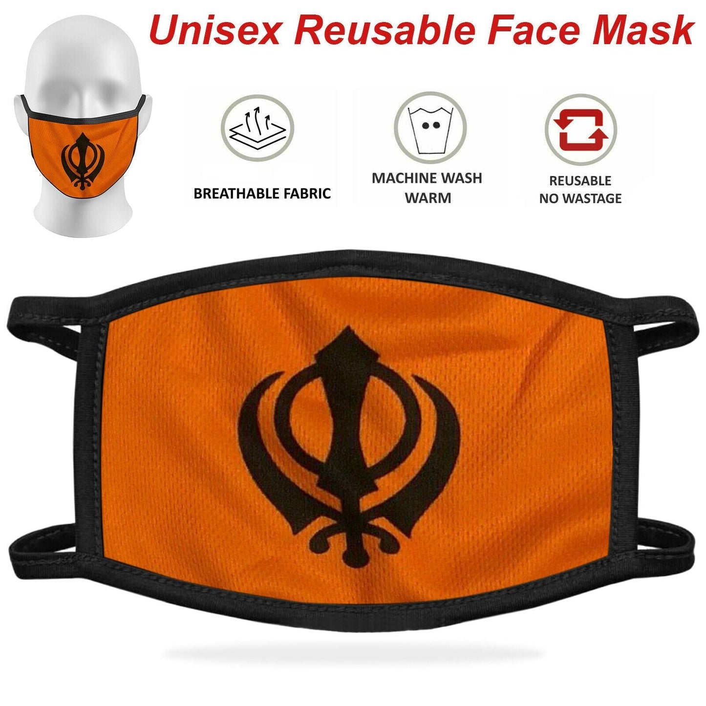 Orange reusable face mask with black symbol on a white background