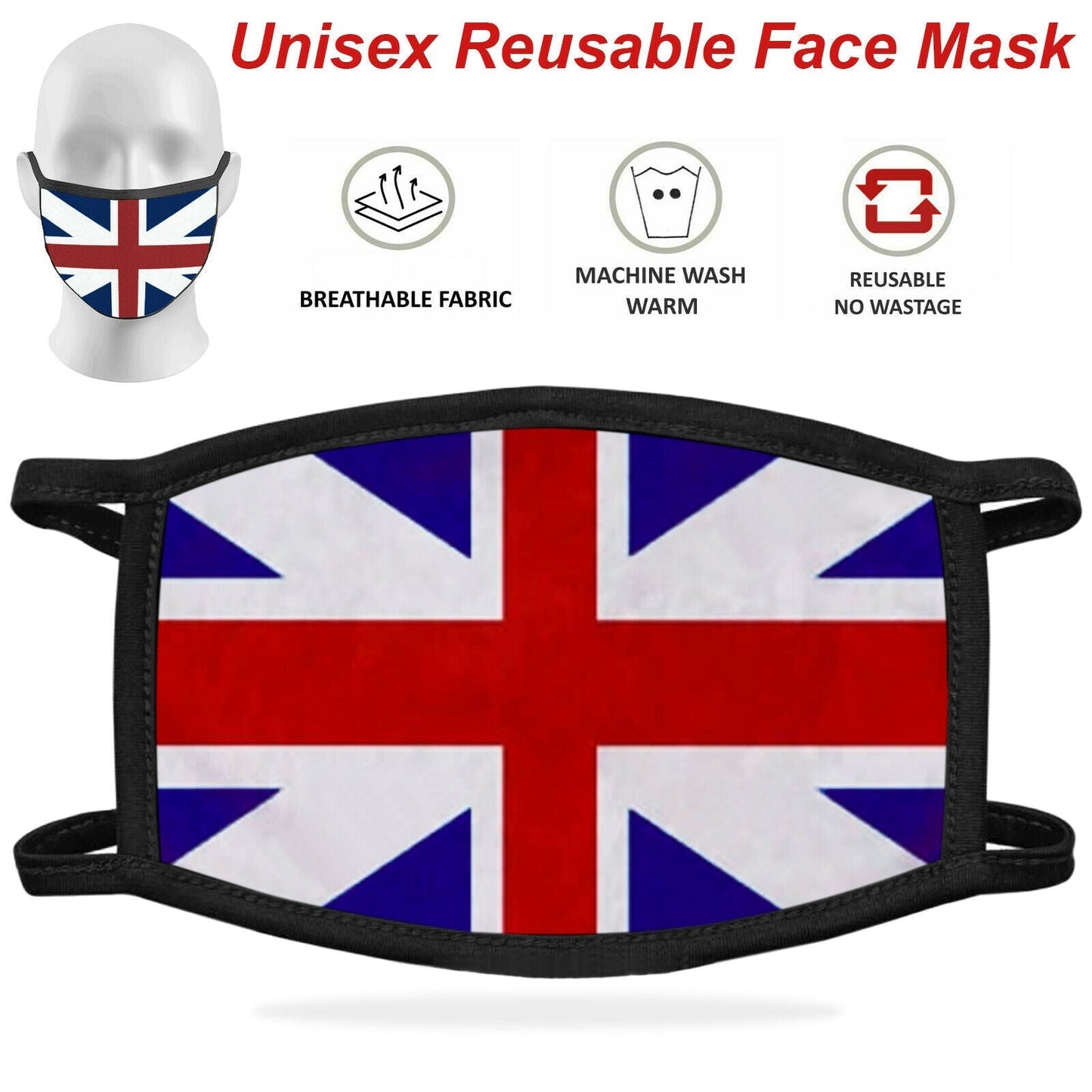 Reusable face mask with Union Jack design on a white background