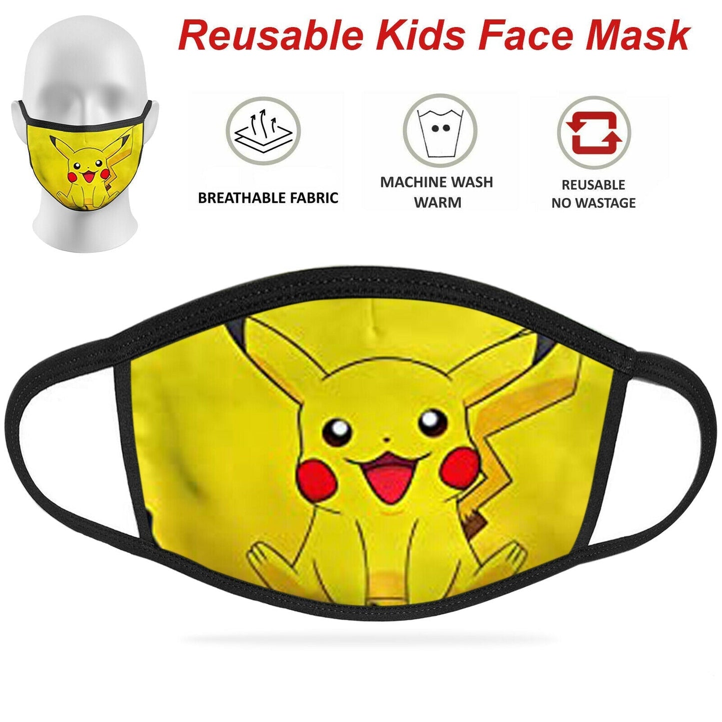 Reusable kids face mask with Pikachu design on a white background