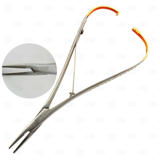 Metallic kitchen tool with orange accents on a white background