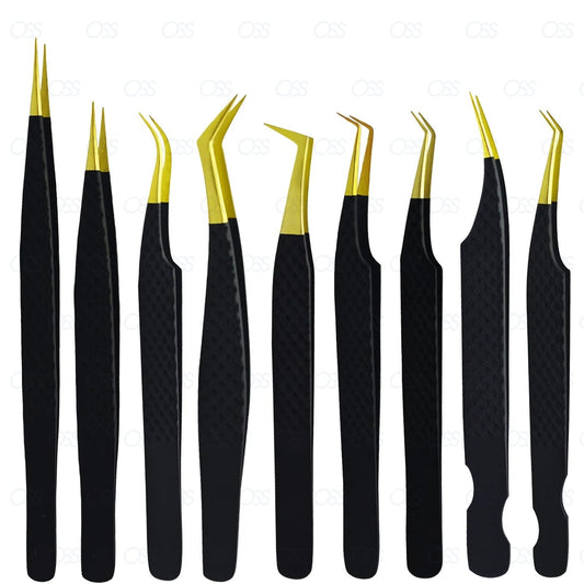 Lash Eyelash Extension Tweezers, Japanese Stainless Steel Tools Straight Curved, Volume Tweezers Precision Angled Gold Tip with Free leather Case