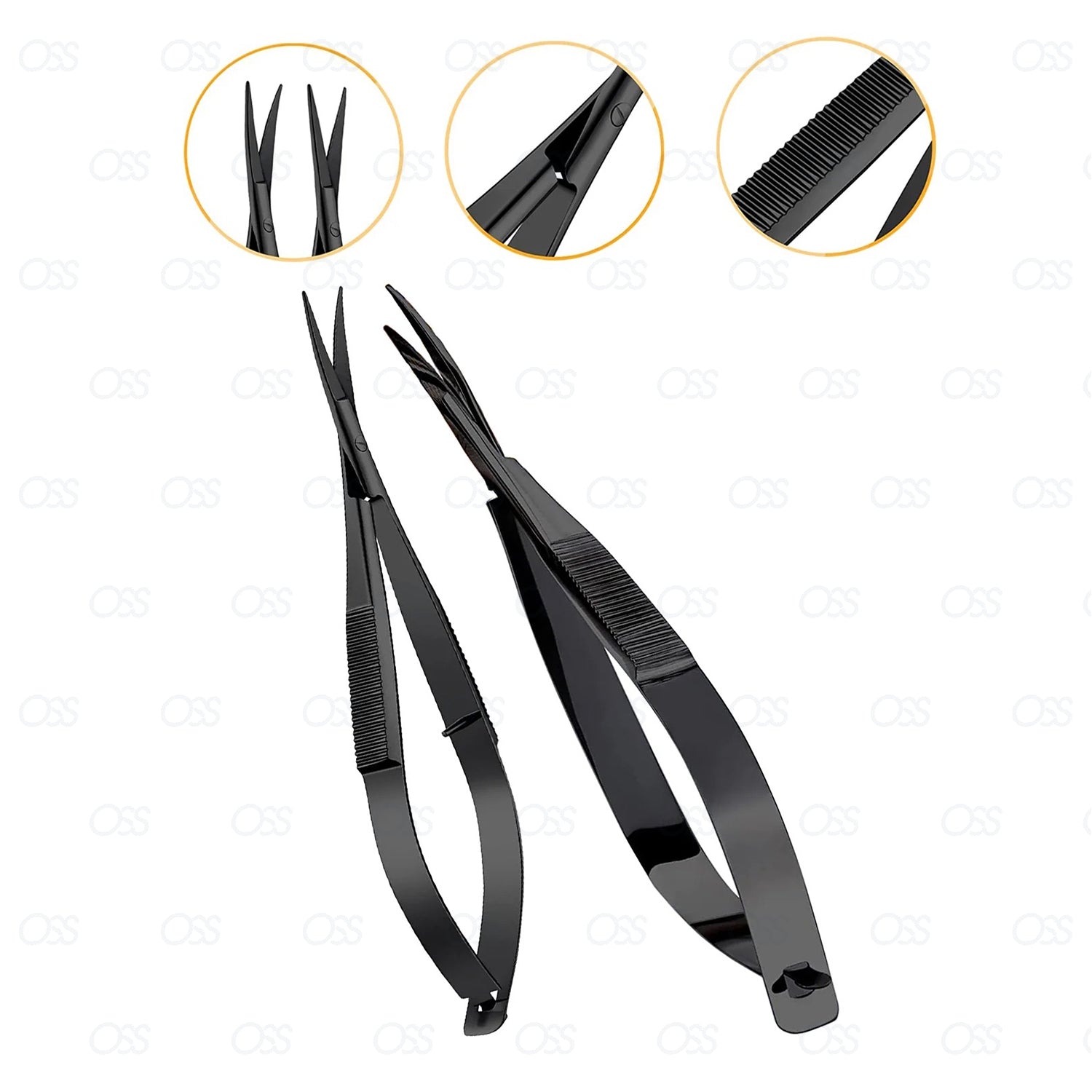 Black tweezers set on a white background with close-up insets showing different tips.